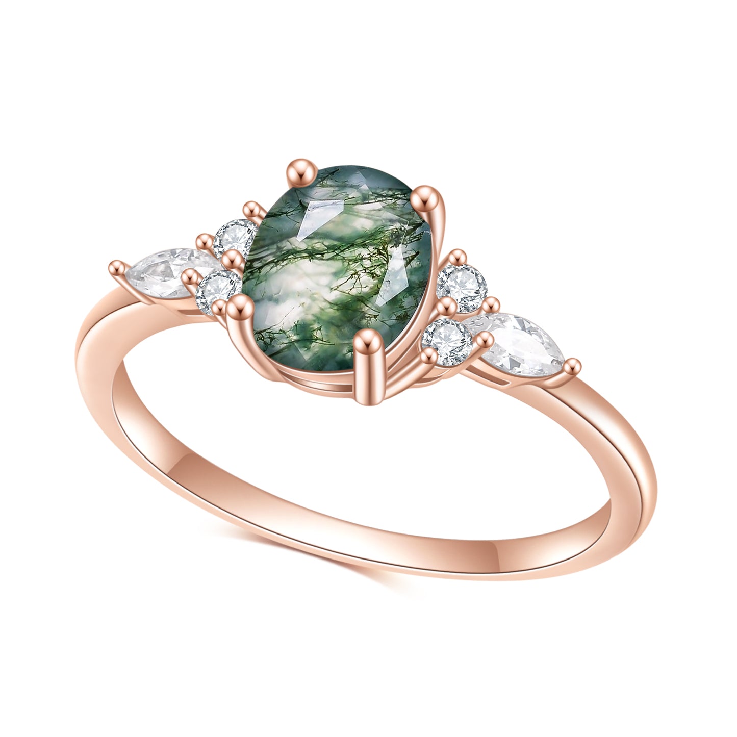 Moss Agate Oval Ring with 3 Stone Sides