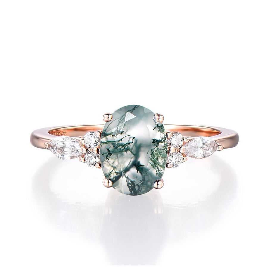 Moss Agate Oval Ring with 3 Stone Sides