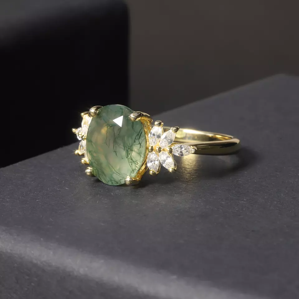 Moss Agate Oval Halo Ring