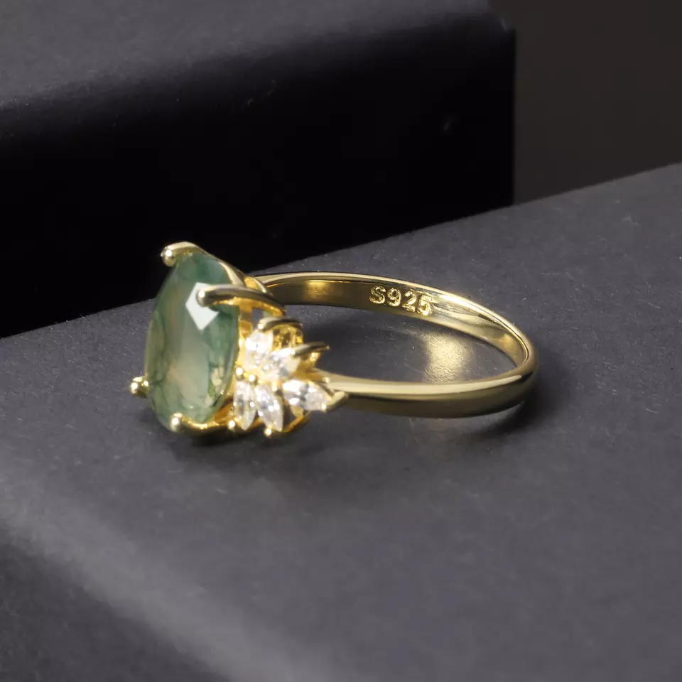 Moss Agate Oval Halo Ring