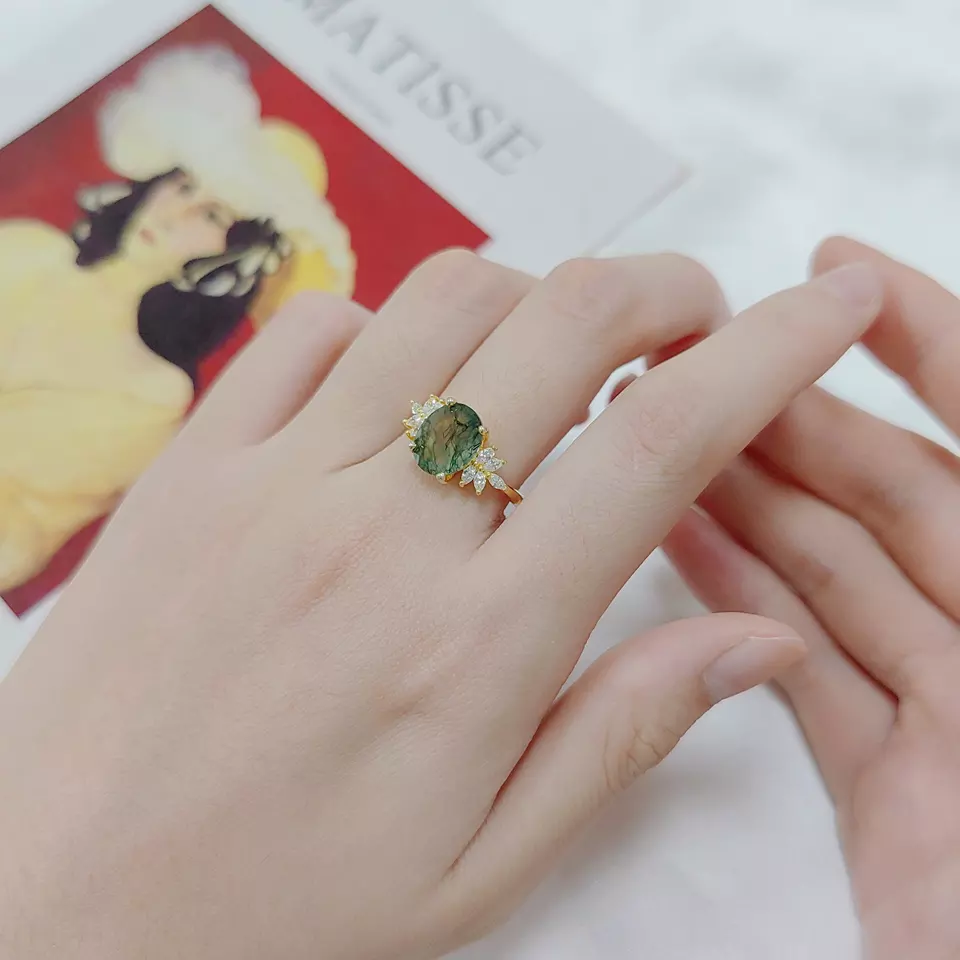 Moss Agate Oval Halo Ring