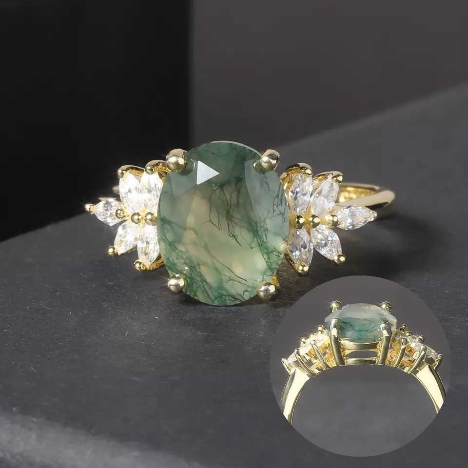 Moss Agate Oval Halo Ring