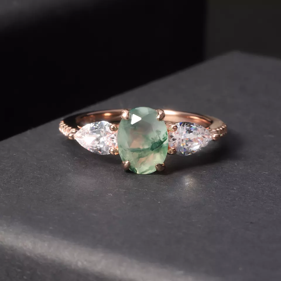 Moss Agate Ring with Pear Side Stone
