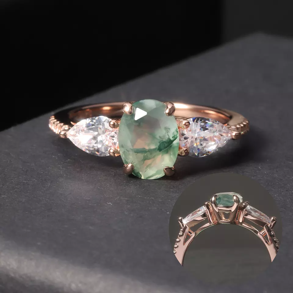 Moss Agate Ring with Pear Side Stone
