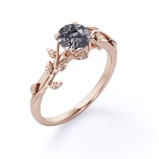 S925 Black Rutilated Quartz Leaf Solitaire in Rose Gold