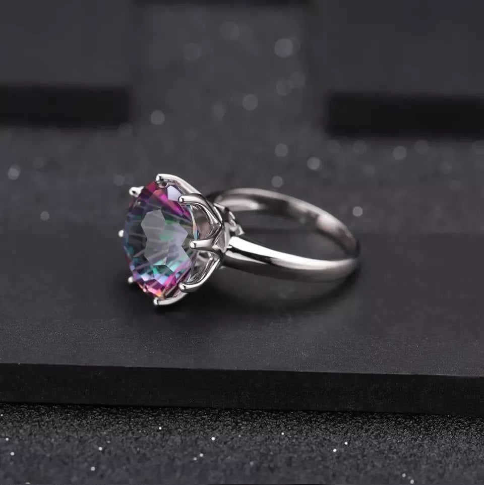 Rainbow Mystic Quartz Rings 8 Claw Settings
