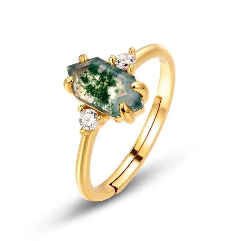 🆕Hexagon Natural Green Moss Agate Adjustable Ring