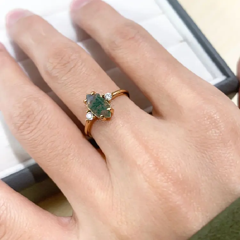 🆕Hexagon Natural Green Moss Agate Adjustable Ring
