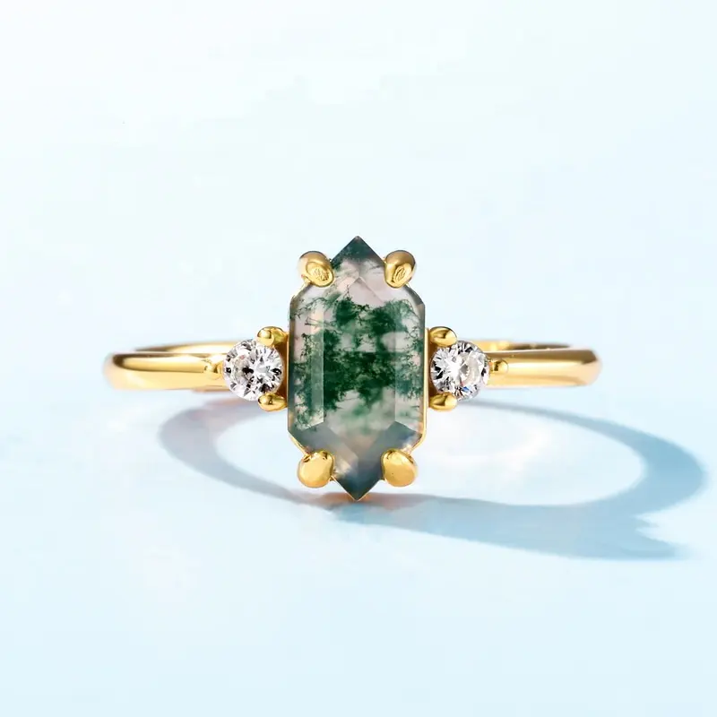 🆕Hexagon Natural Green Moss Agate Adjustable Ring