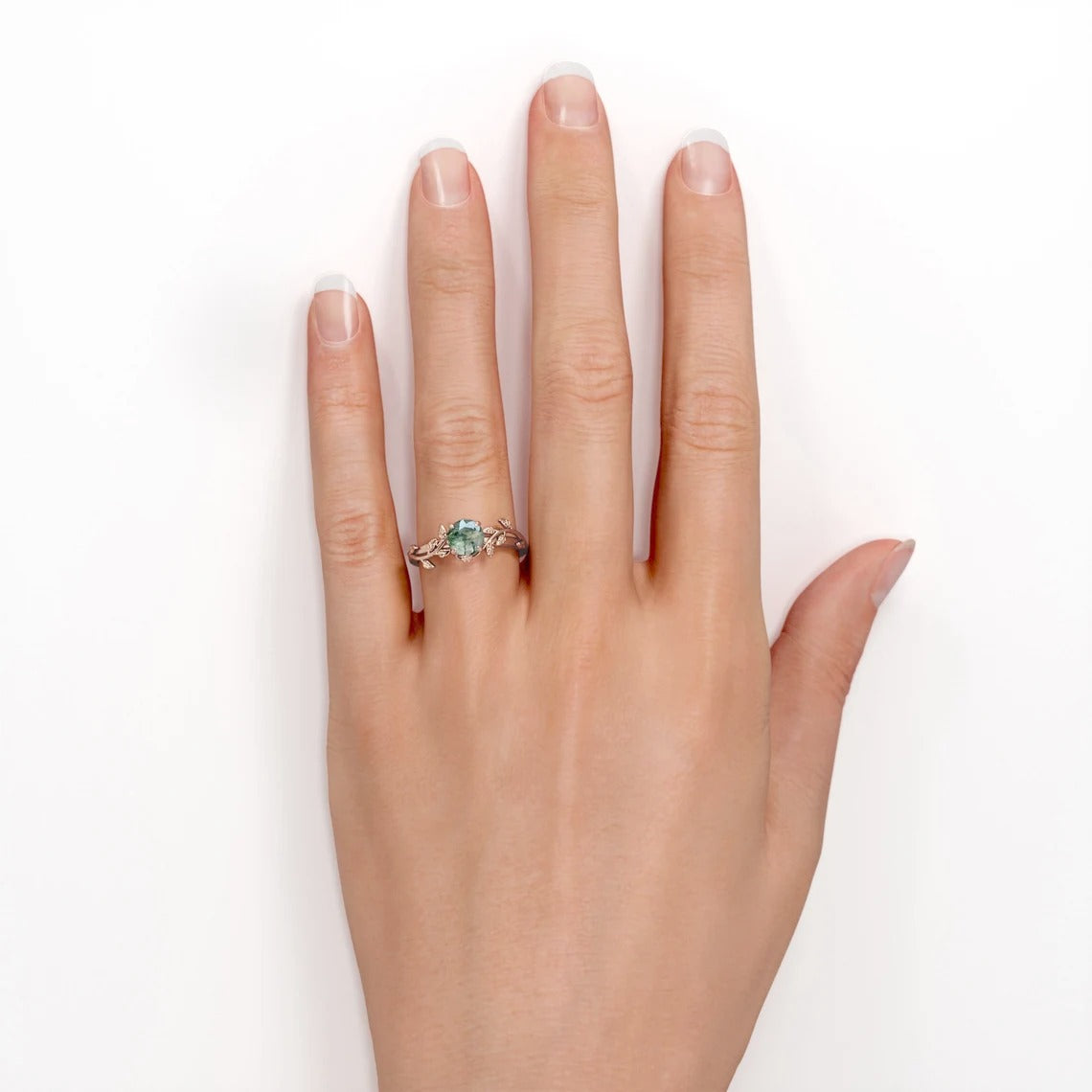 Moss Green Agate Leaf Solitaire in Rose Gold