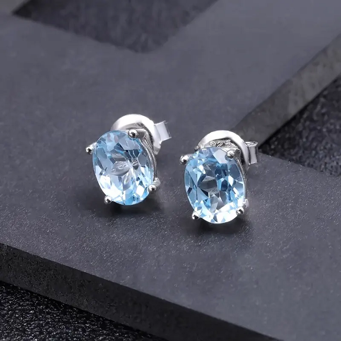 1,2ct Natural Sky Blue Topaz Oval Shape Stud Earrings