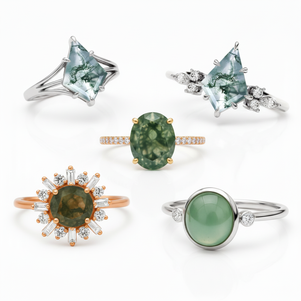 Moss agate ring South Africa — unique natural green gemstone jewellery — Dhia Jewellery