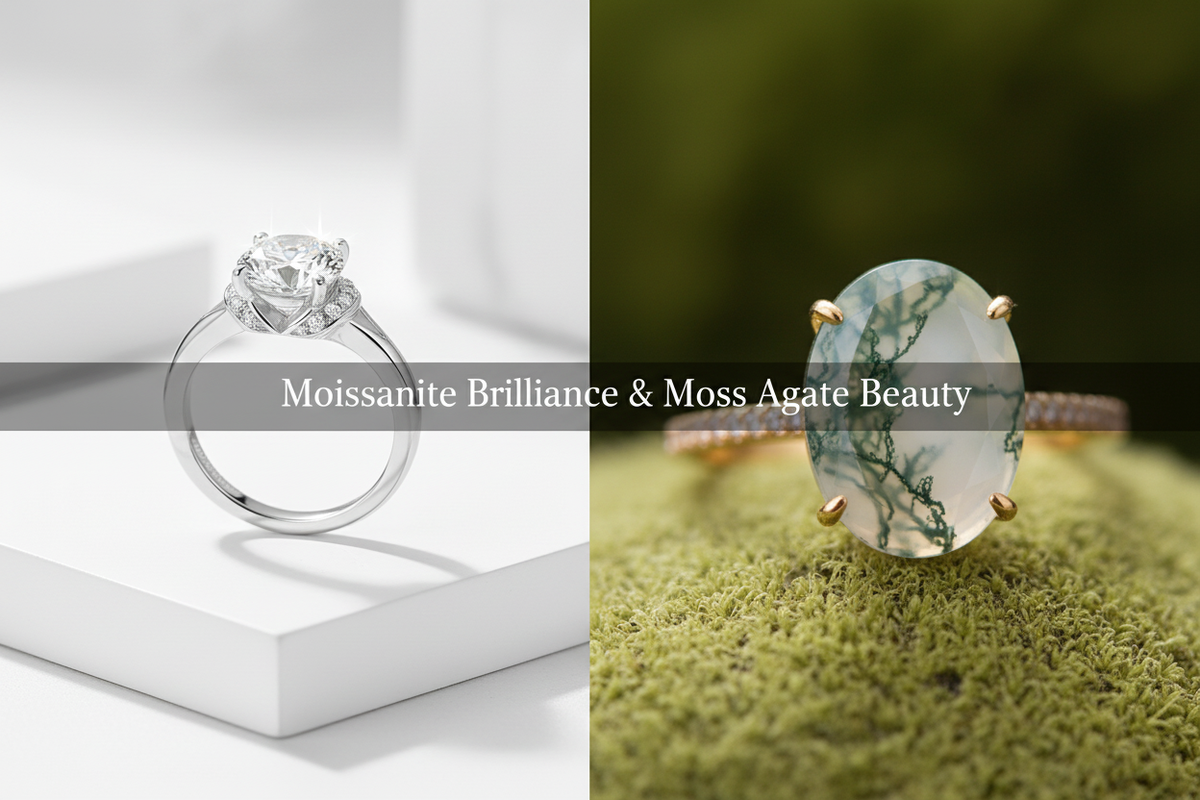 Moissanite & Green Moss Agate Rings