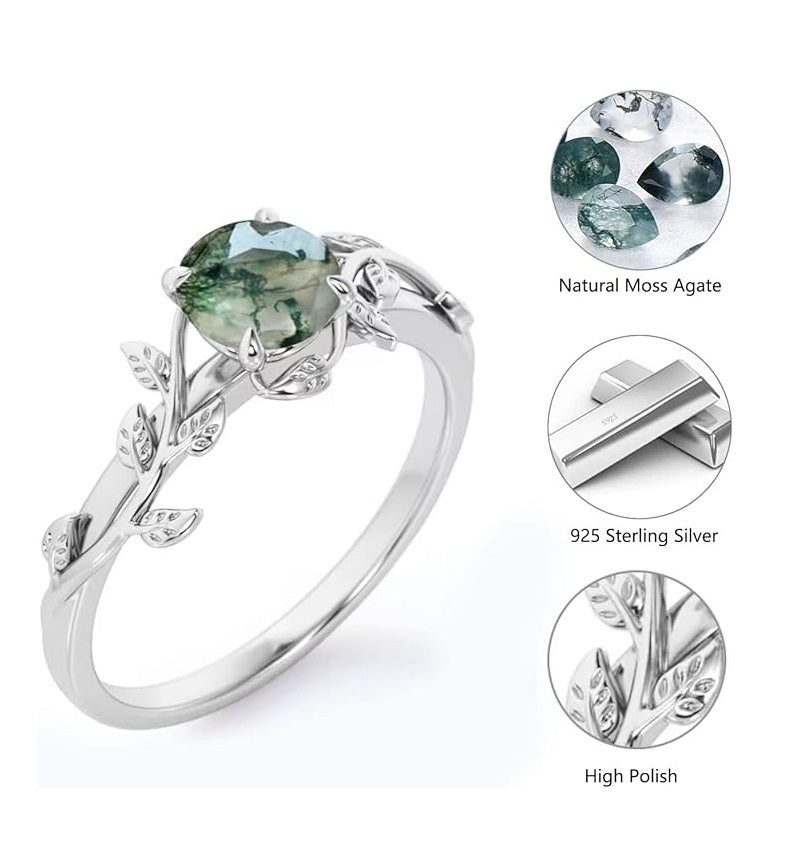 Green Moss Agate 1,25ct Silver Leaf Solitaire