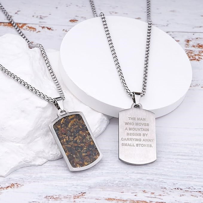 Stainless Steel Gemstone Dog Tag Necklace - Tigers Eye