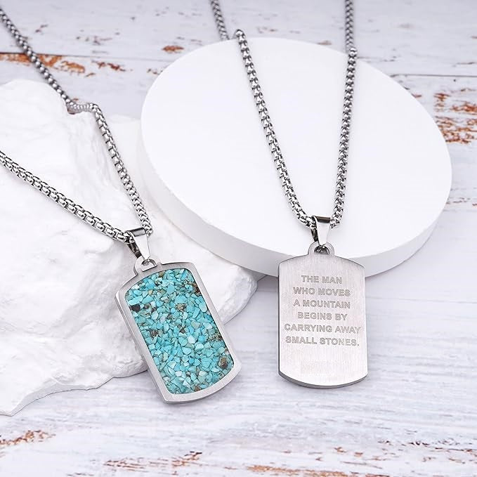 Stainless Steel Gemstone Dog Tag Necklace - Green Turquoise