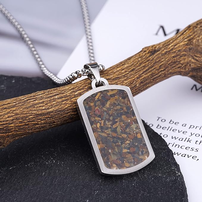 Stainless Steel Gemstone Dog Tag Necklace - Tigers Eye
