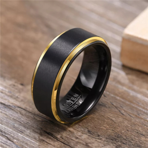 Black and Gold Beveled Edge Tungsten Carbide Ring – 8MM Men’s Wedding Band, Scratch-Resistant, Comfort Fit