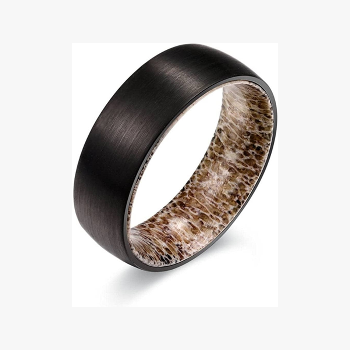 Black Tungsten Carbide Ring with Antler Inner Lining – 8MM Men’s Wedding Band, Comfort Fit, Scratch-Resistant