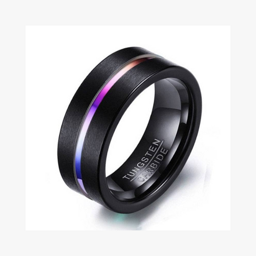 Black Tungsten Carbide Ring with Rainbow Line – 8MM Men’s Wedding Band, Scratch-Resistant Comfort Fit