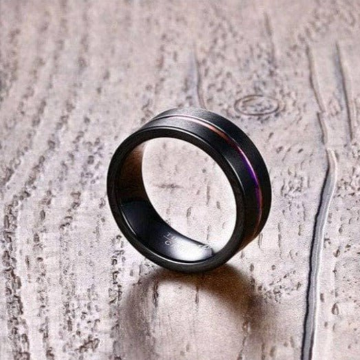 Black Tungsten Carbide Ring with Rainbow Line – 8MM Men’s Wedding Band, Scratch-Resistant Comfort Fit