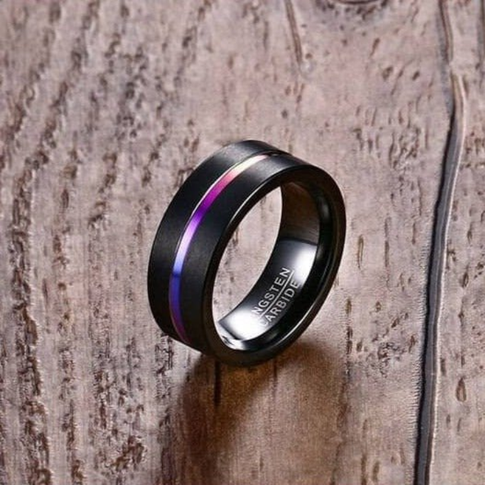 Black Tungsten Carbide Ring with Rainbow Line – 8MM Men’s Wedding Band, Scratch-Resistant Comfort Fit