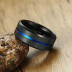 Shop the Men’s Blue Channel Tungsten Carbide Ring. 8MM black wedding band with vibrant blue groove, scratch-resistant comfort fit & premium gift box