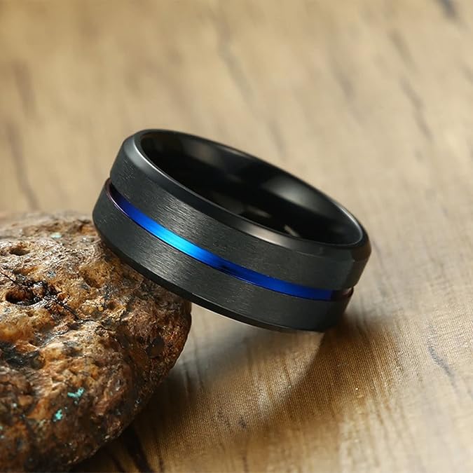 Shop the Men’s Blue Channel Tungsten Carbide Ring. 8MM black wedding band with vibrant blue groove, scratch-resistant comfort fit & premium gift box