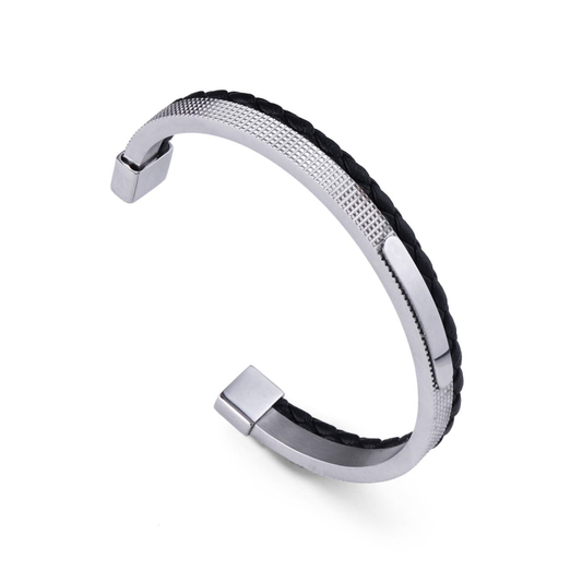 Classic two-layer leather and stainless steel bracelet