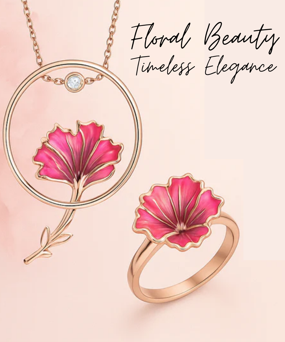 Floral necklace and ring set with pink flowers on a light pink background
