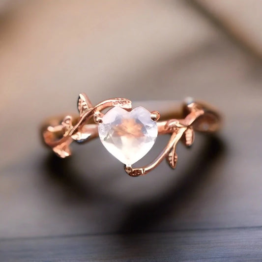 Heart Cut Natural Moonstone Leaf Engagement Ring