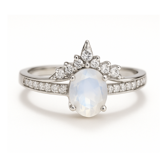 Classic Oval Moonstone Engagement Twin Set Ring