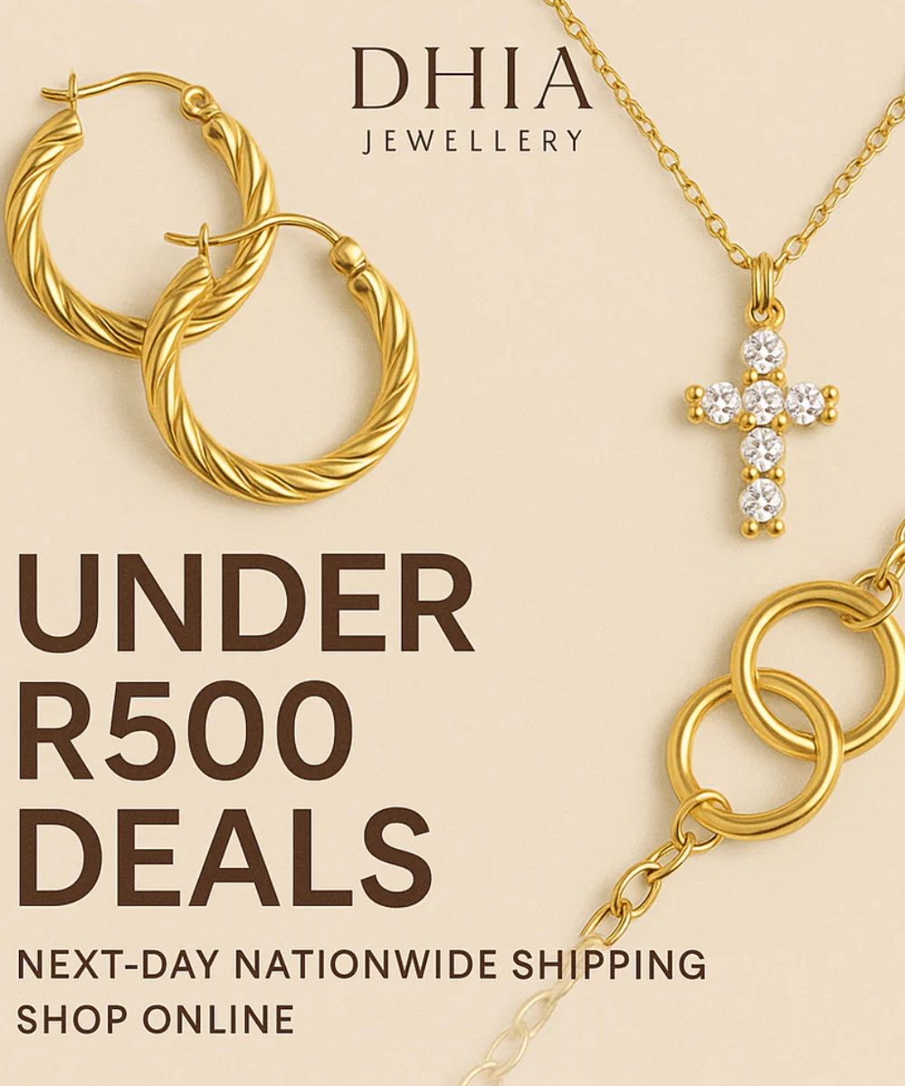 Gold jewelry including earrings, necklace, and bracelet with 'DHIA Jewellery' branding on a beige background.