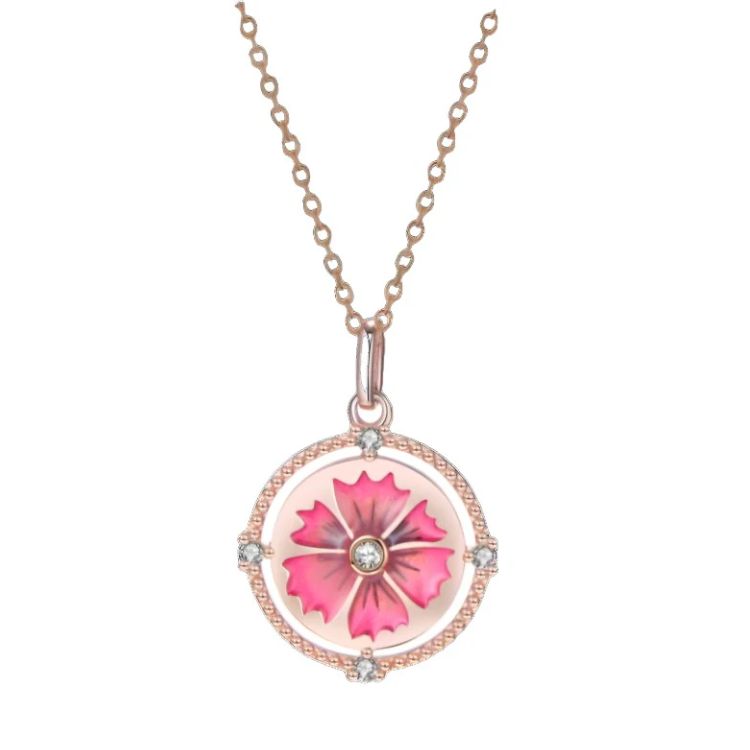 Elegant Carnation Petals Necklace in sterling silver with rose gold plating & Swarovski Zirconia. A timeless floral pendant for any occasion.