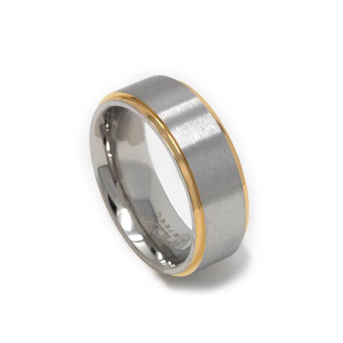Shop the Grey Tungsten Carbide Ring with Gold Lining. 8MM comfort fit, durable, hypoallergenic & scratch-resistant. Masculine style meets nature.