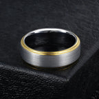 Shop the Grey Tungsten Carbide Ring with Gold Bevel . 8MM comfort fit, durable, hypoallergenic & scratch-resistant. Masculine style meets nature.