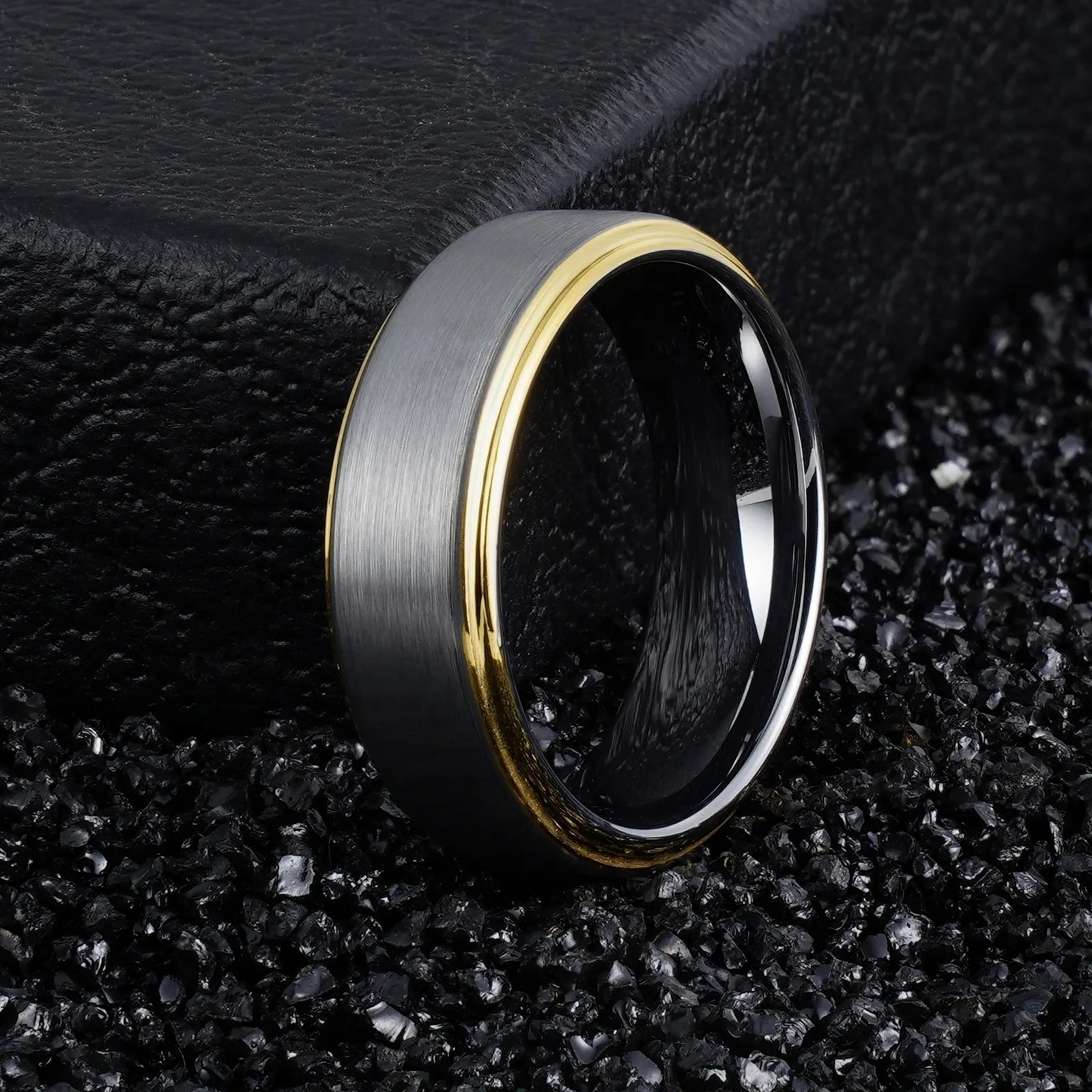 Shop the Grey Tungsten Carbide Ring with Gold Bevel . 8MM comfort fit, durable, hypoallergenic & scratch-resistant. Masculine style meets nature.