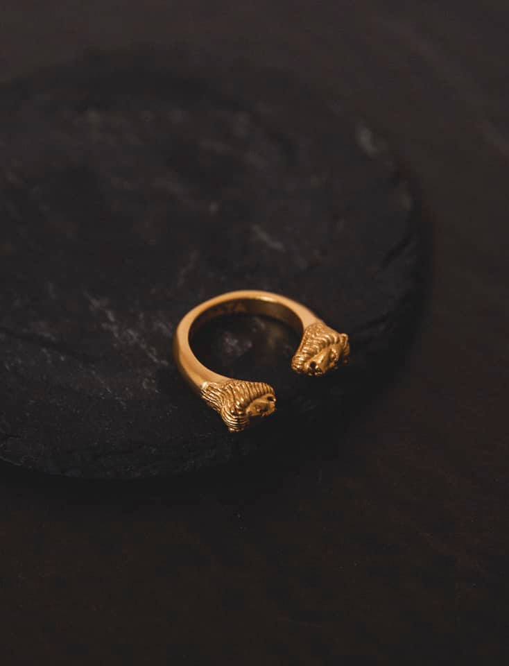 Gold-Plated Lion Twin Head Ring