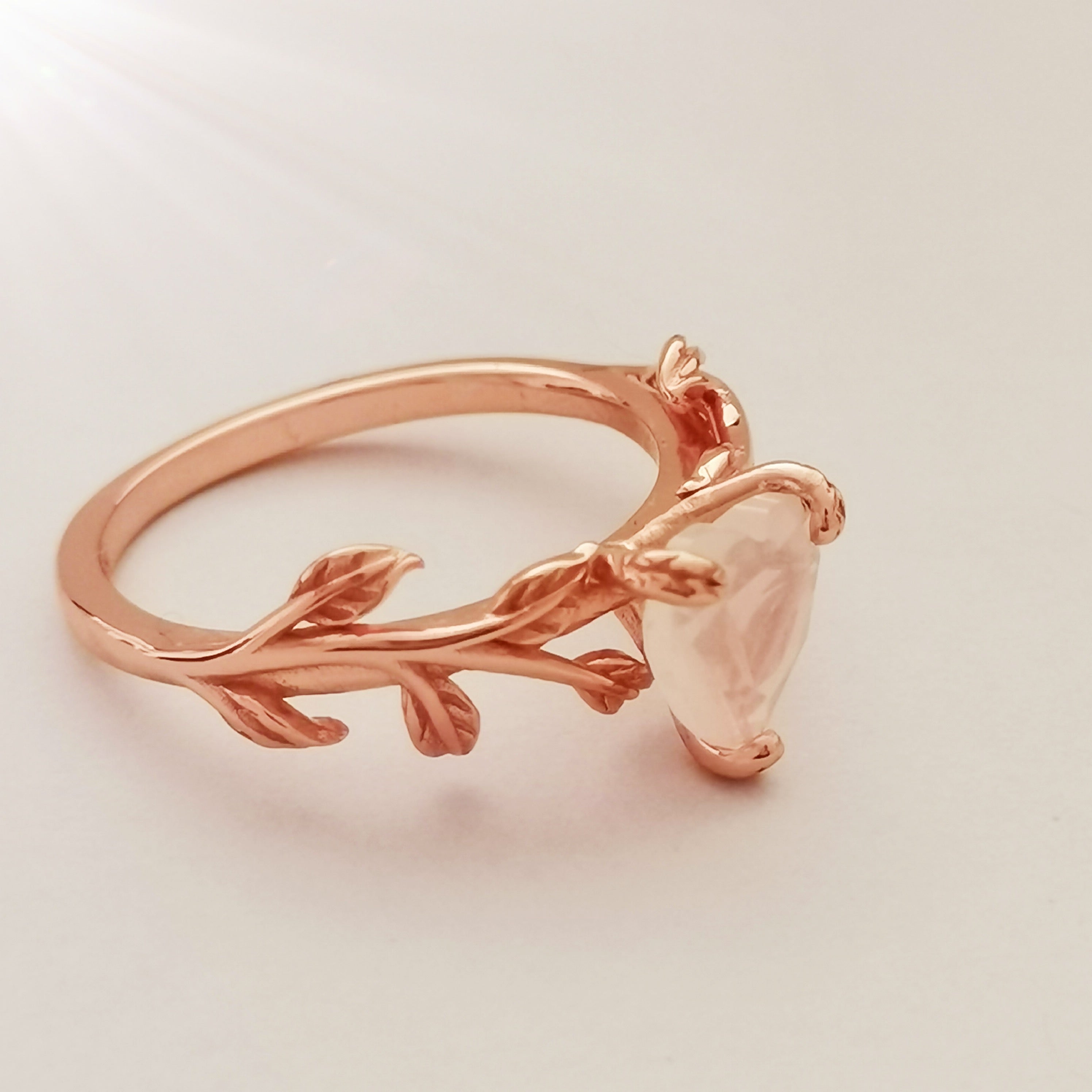Heart Cut Natural Moonstone Leaf Engagement Ring