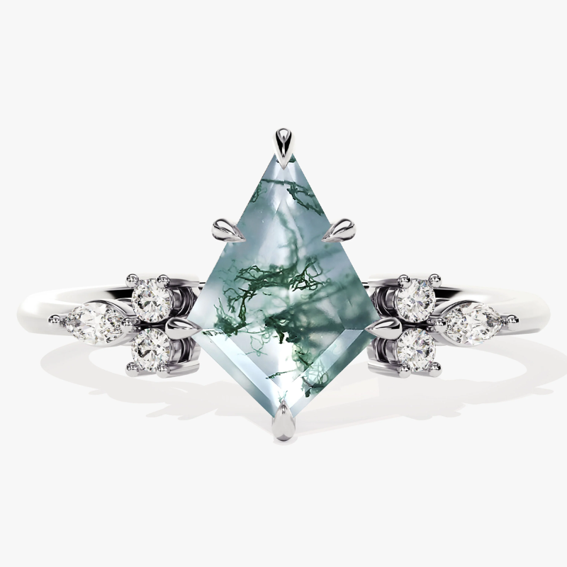 S925 Kite Cut Natural Moss Agate with Moissanite Marquise Side Ring