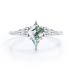 S925 Kite Cut Natural Moss Agate with Moissanite Marquise Side Ring