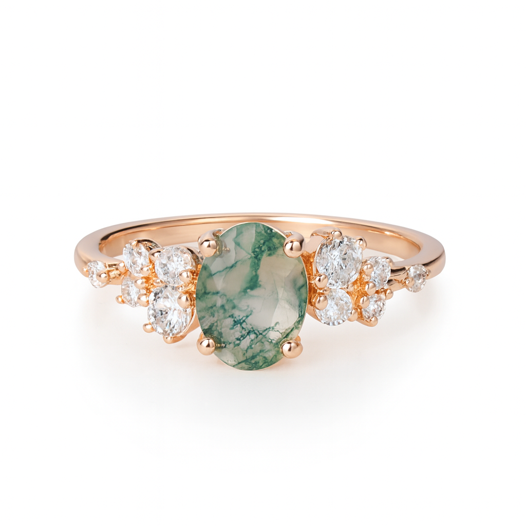 Green Moss Agate Five-Stone Engagement Ring | Rose Gold Sterling Silver