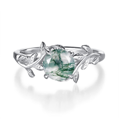 Green Moss Agate 1,25ct Silver Leaf Solitaire