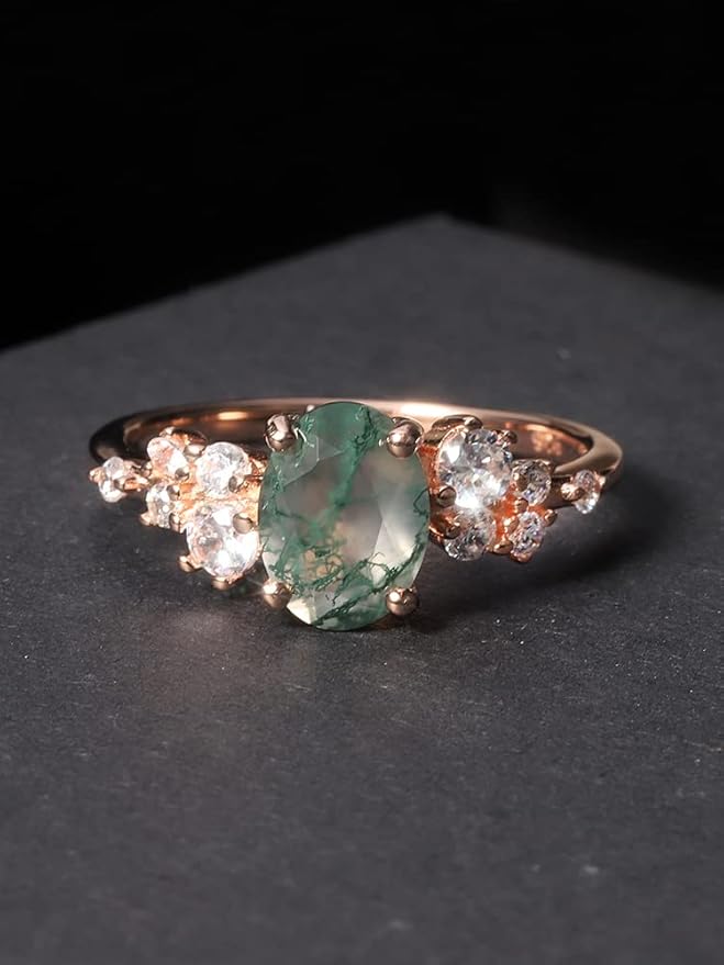 Green Moss Agate Five-Stone Engagement Ring | Rose Gold Sterling Silver