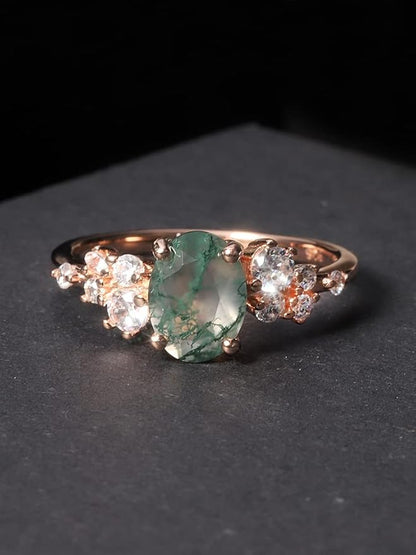 Green Moss Agate Five-Stone Engagement Ring | Rose Gold Sterling Silver