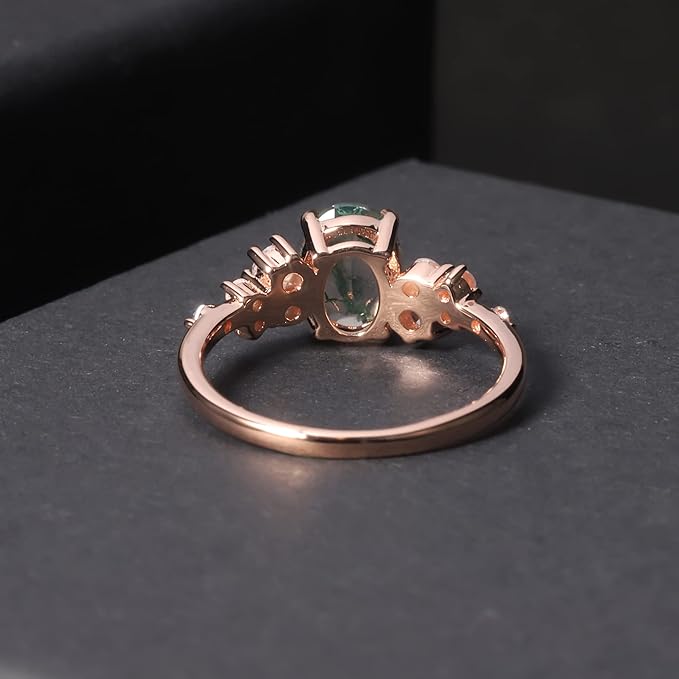 Green Moss Agate Five-Stone Engagement Ring | Rose Gold Sterling Silver