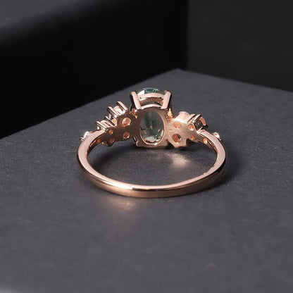 Green Moss Agate Five-Stone Engagement Ring | Rose Gold Sterling Silver