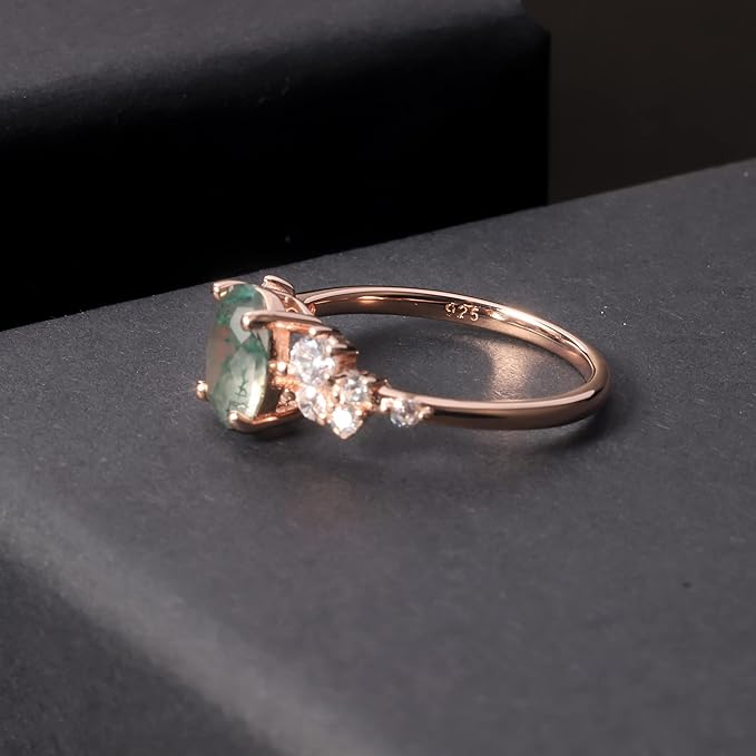 Green Moss Agate Five-Stone Engagement Ring | Rose Gold Sterling Silver