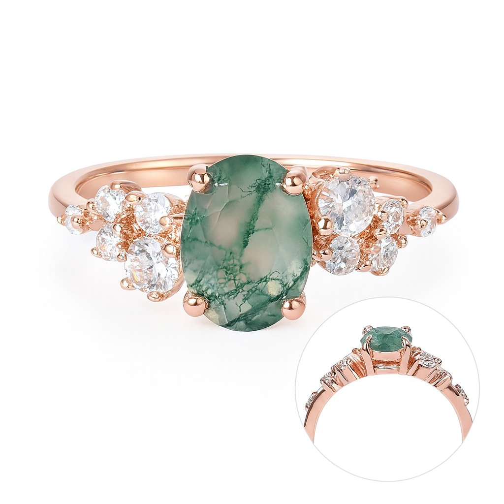 Green Moss Agate Five-Stone Engagement Ring | Rose Gold Sterling Silver