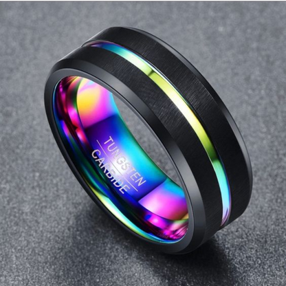 Black Tungsten Carbide Ring with Rainbow Inner and Line